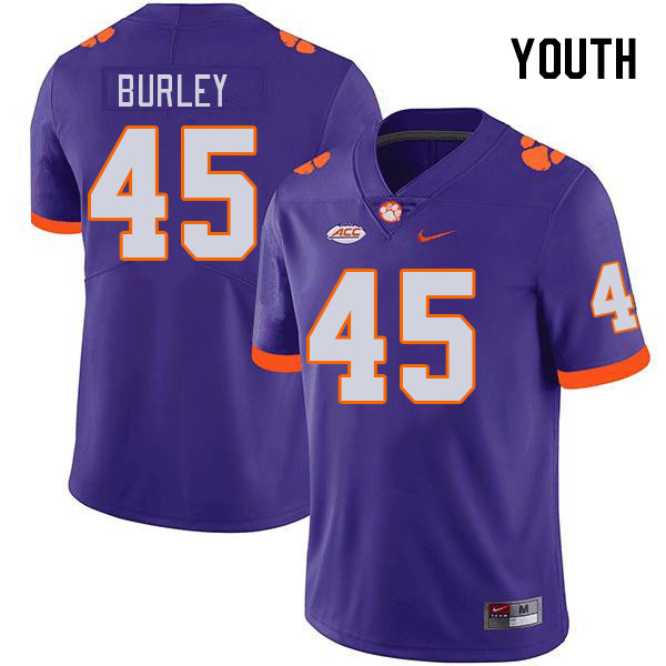 Youth Clemson Tigers Vic Burley #45 College Purple NCAA Authentic Football Stitched Jersey 23CS30QE